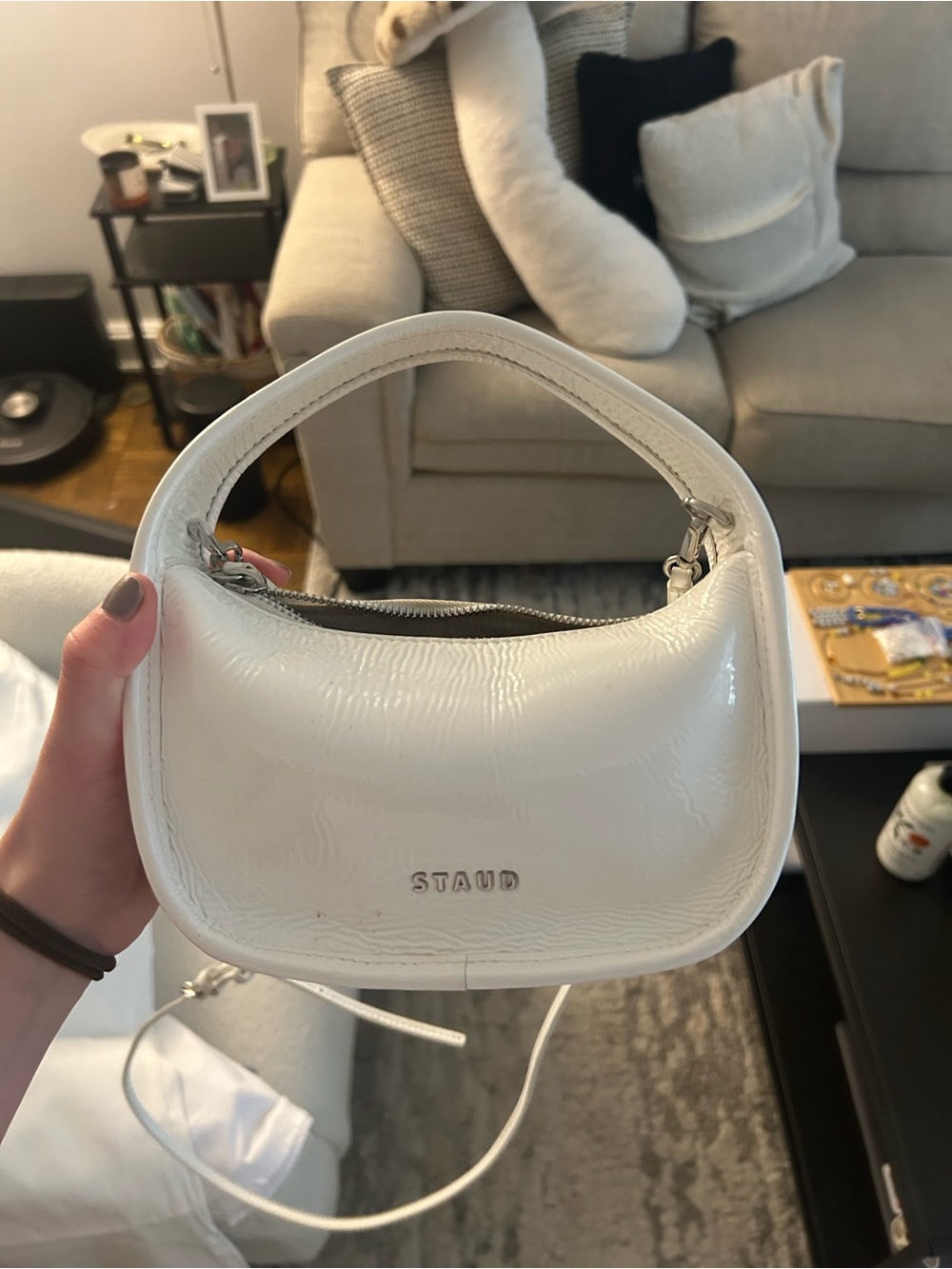 STAUD Cream Mini Croissant Shoulder Bag